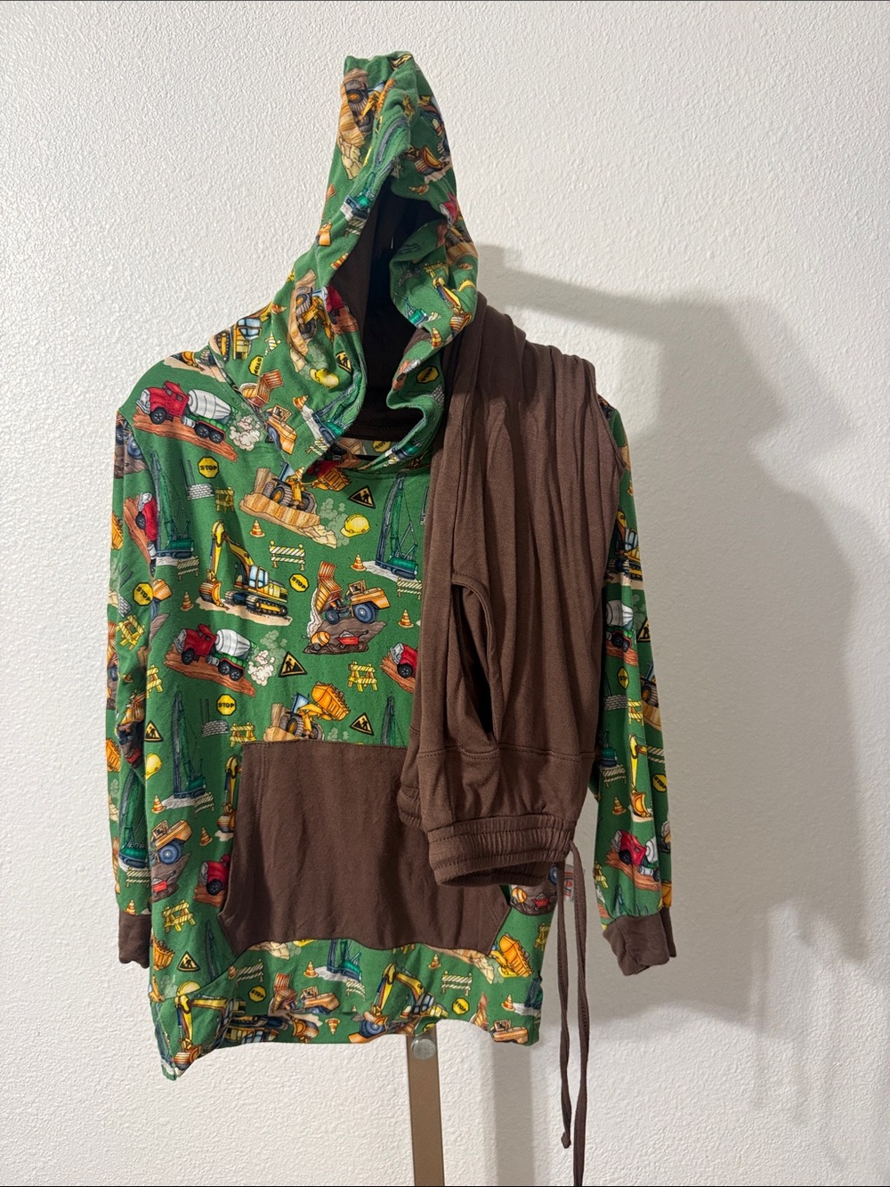 Kids Green Construction-Print Hoodie with Brown pant set- BAMBOO Bliss- Size 3T
